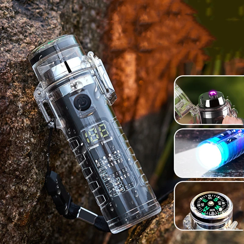 New Waterproof Transparent Charging Lighter with Flashlight Compass Double Arc Lighter Portable Outdoor Camping Smoking Tool