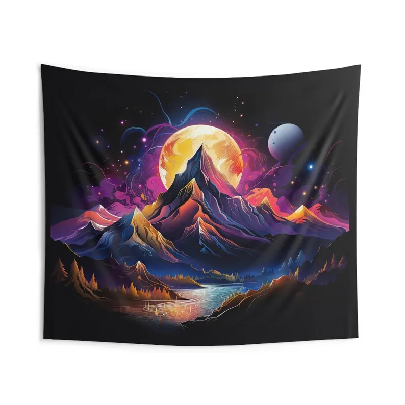 Moonlit Mountain Polyester Indoor Wall Tapestry Nature Design, Zen Psychedelic Aesthetic Decor, Bedroom, Living Room & Dorm Room