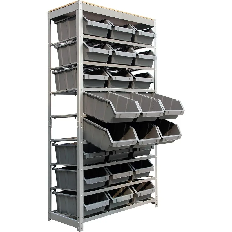 

Bin Rack Storage System Heavy Duty Steel Rack Organizer Shelving Unit w/ 24 Plastic Bins in 8 Tiers