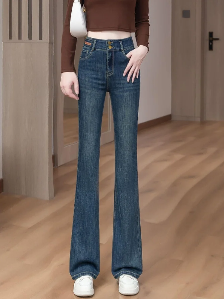 

Облегающие модные расклешенные джинсы с микро-расклешенными женскими брюками с высокой талией и широкими штанинами, осенние новые классические синие брюки для снижения возраста