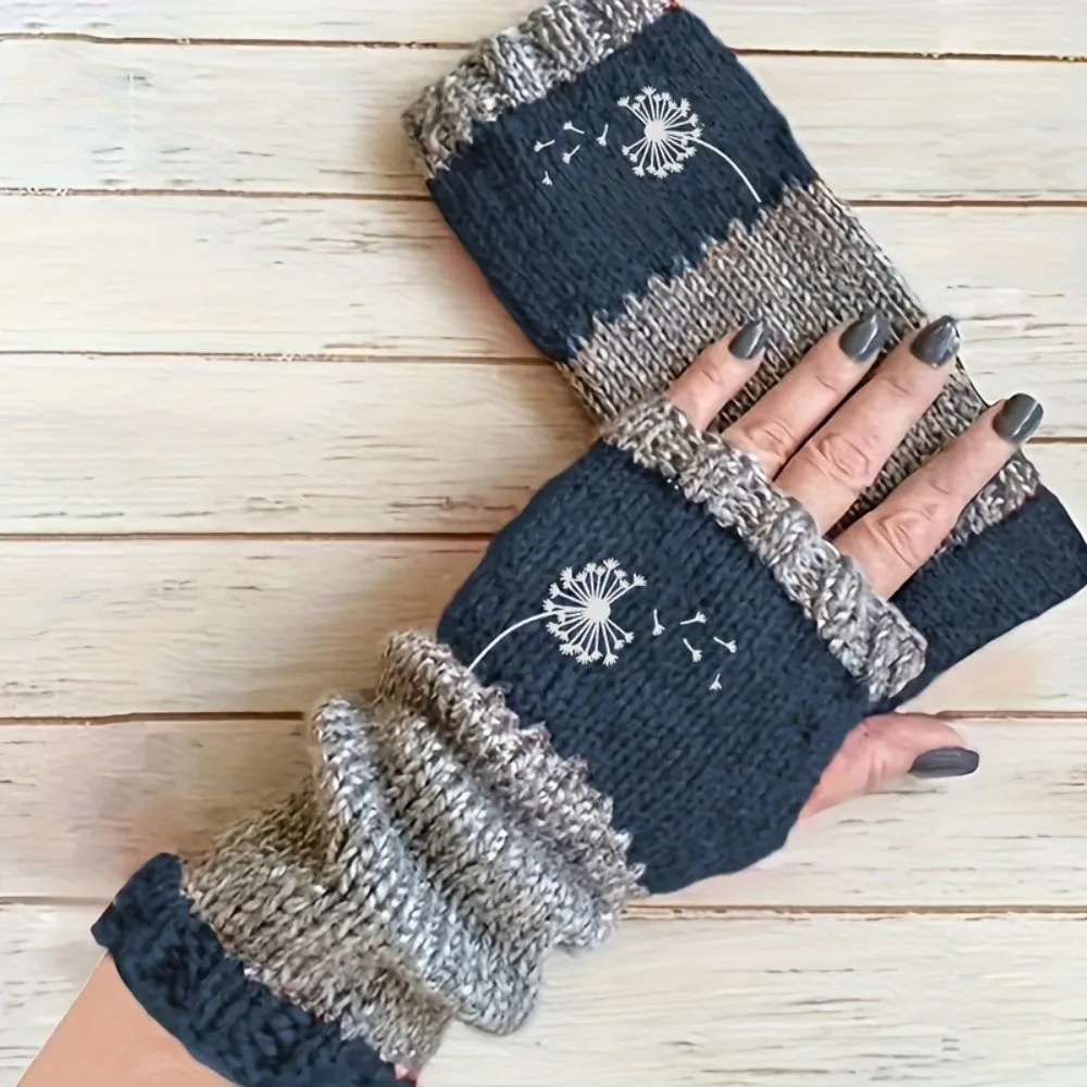Trendy Accessories Embroidered Knit Gloves Thickened Warm Half Finger Gloves Cotton Soft Fingerless Gloves Autumn Winter