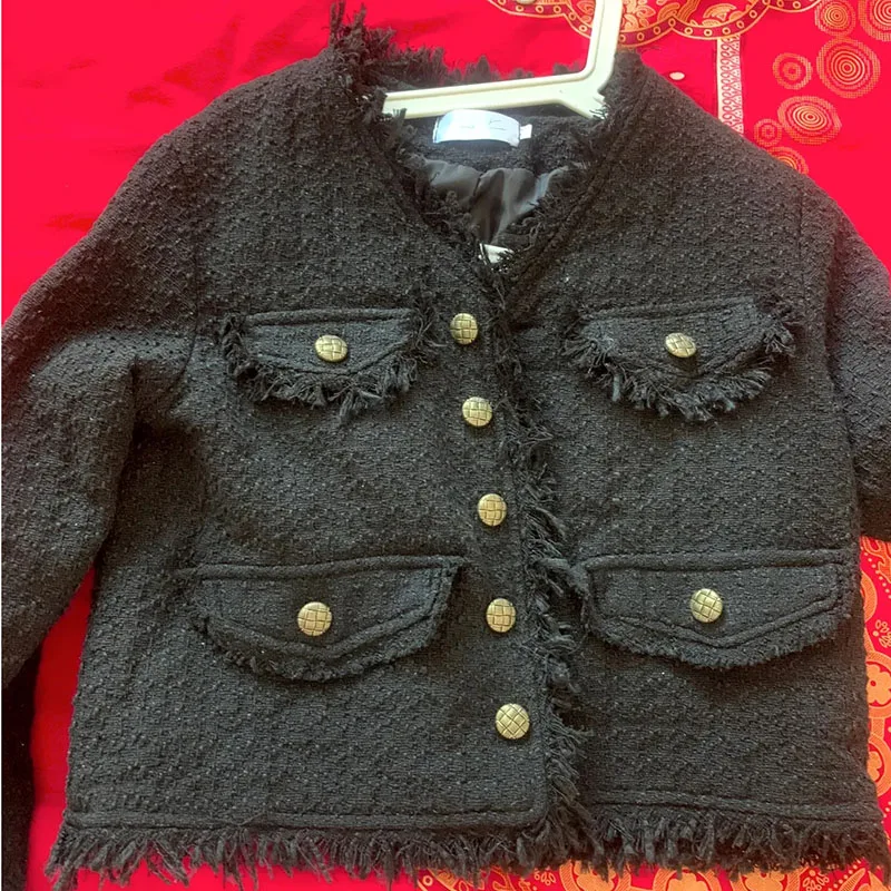 Vintage Small Fragrant Tweed Jacket Women Autumn Winter Woolen Short Black Jacket Streetwear 2023 Fashion Slim Outwear Crop Tops