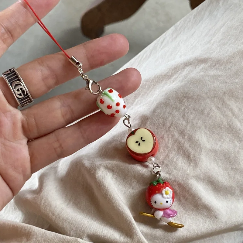 Sanrio Hello Kitty Cute Cartoon Kt Cat Apple Strawberry Phone Chain Kawaii Toy Periphery Adorkable Keychain Pendant Lovely Gifts