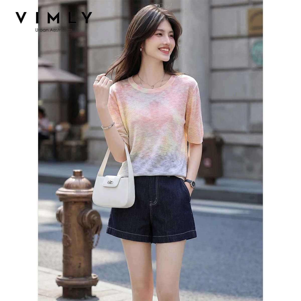 VIMLY Ombre Gradient Pink Knit T-shirt for Women 2026 Summer New Crew Neck Short Sleeve Tees Casual Loose-fit Female Top 31261