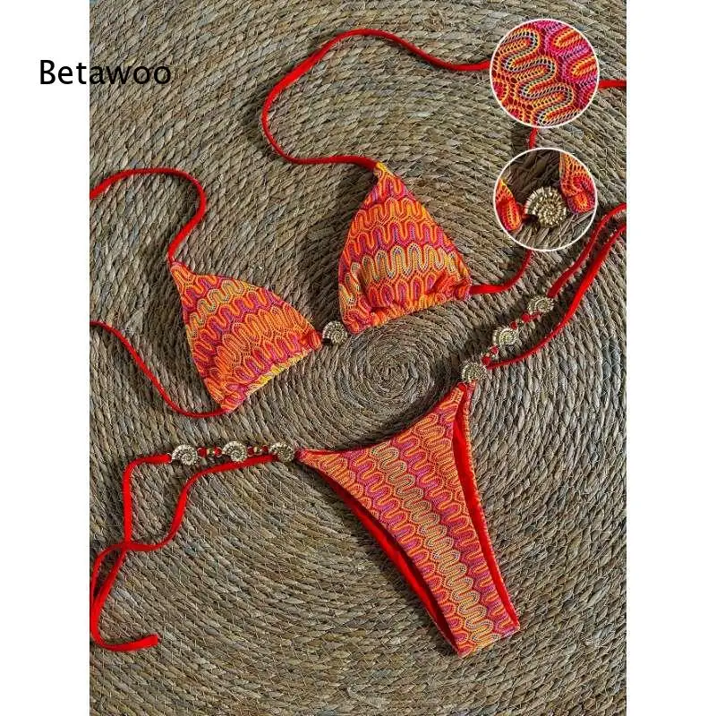2026 Women Orange Pink Gradient Bikini with Red Trim, Adjustable Neck & Beaded Waist Detail