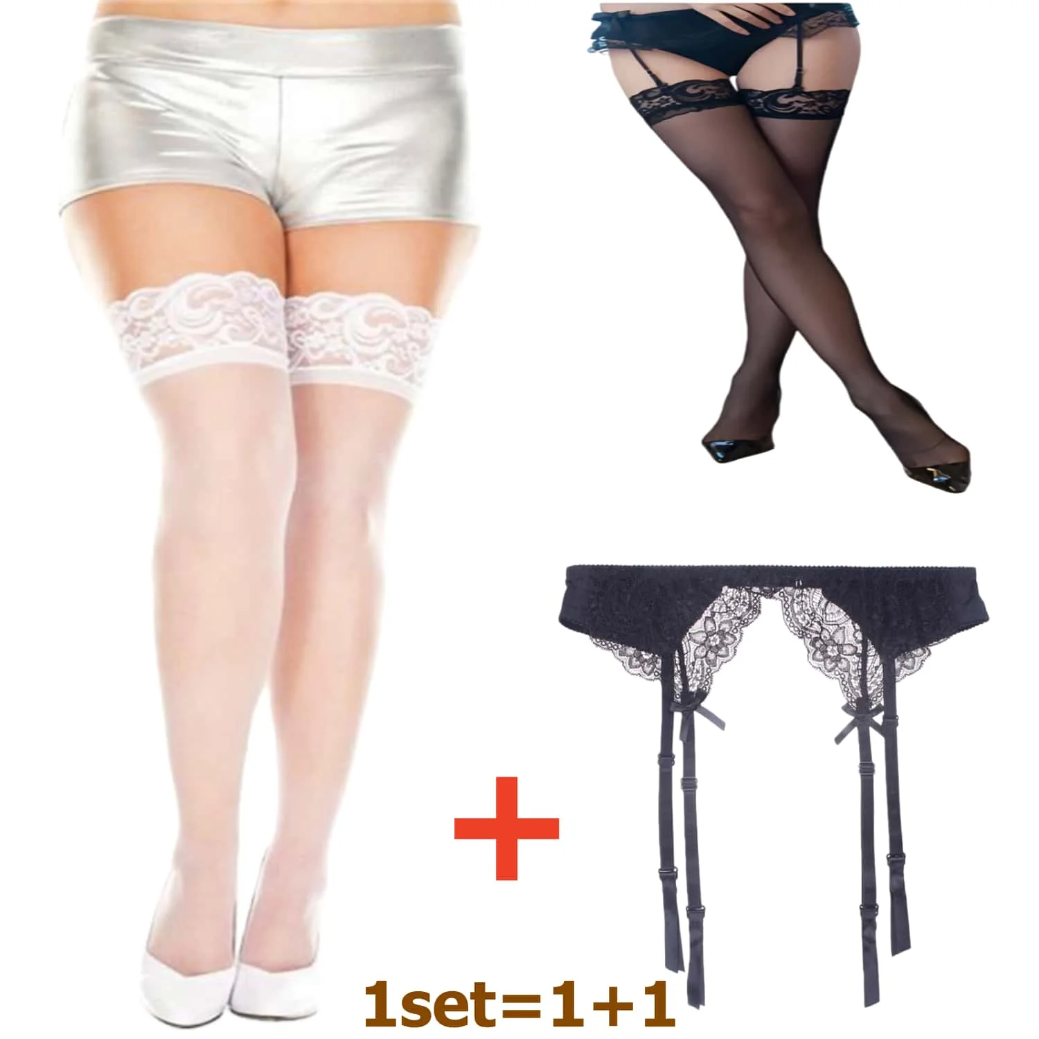 Plus Size Women Lace Garter Belt Sexy Stockings Set Adjustable Elastic Suspender Belt Stocking Fishnet Pantyhose for Woman