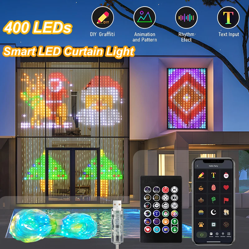 RGB أضواء الستار الذكية App التحكم 400 المصابيح ضوء سلسلة مقاوم للماء لتقوم بها بنفسك الجنية ضوء USB التوصيل نمط النص لديكور غرفة الحفلات
