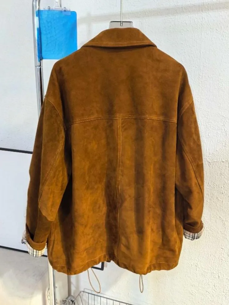 Autumn Women New Fashion Retro Real suede Short Coat Casual Single Breasted Turn Down Collar Long Sleeve Genuine Leather Jacket