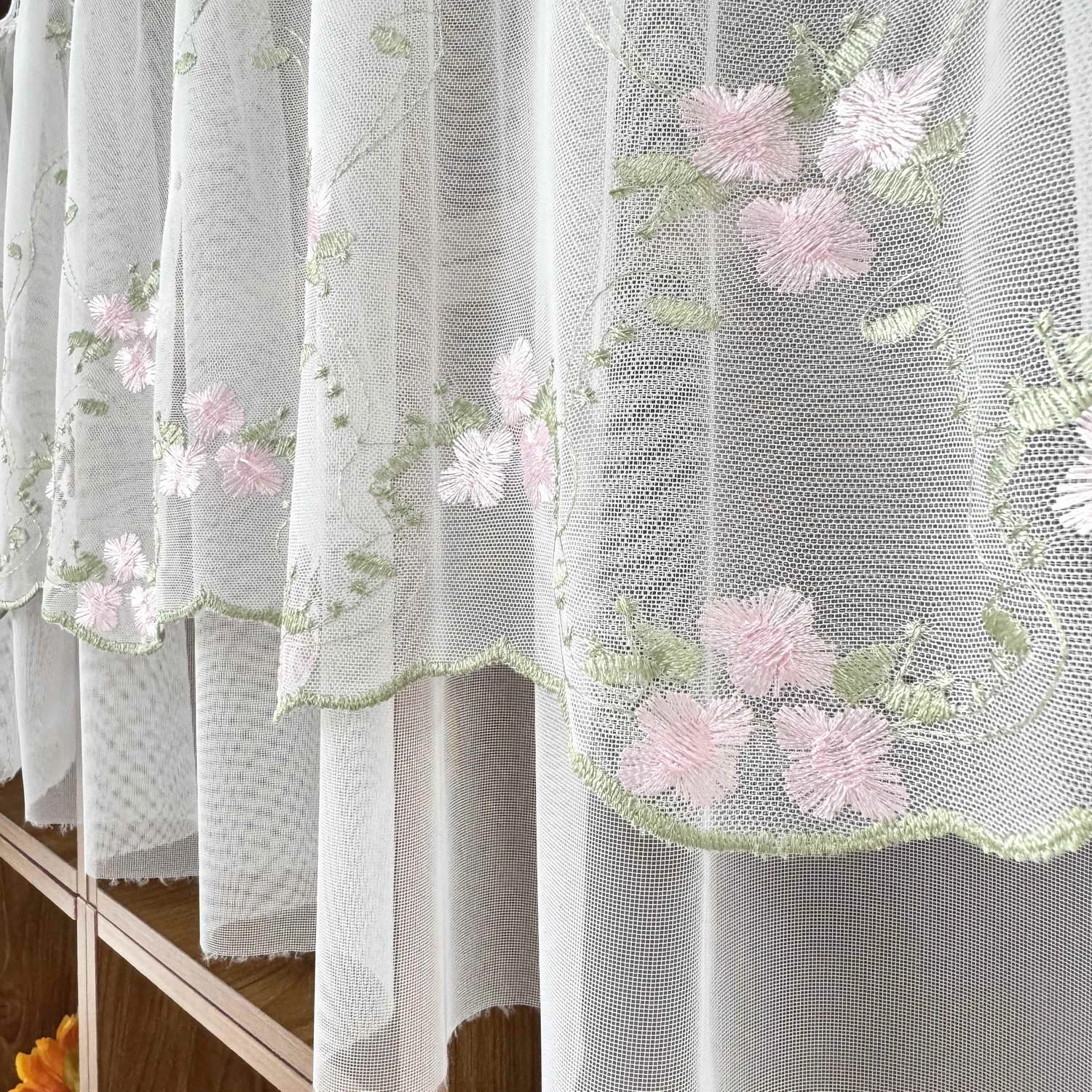 Pastoral-Style White Short Curtains,Double-Layered Design With Pink Floral Embroidery Sheer Voile,for kitchen Cabinet Partition