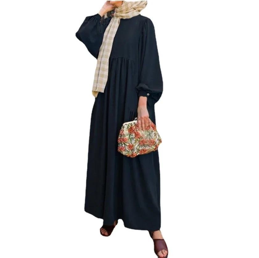 New Luxury Fashion Arab Muslim Women's Solid Color Round Neck Lantern Sleeves Loose Casual Fashion Women's Islamic Dress