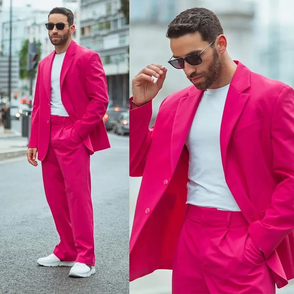 Trajes de 2 piezas para hombre, ropa de calle, esmoquin con solapa de pico, color fucsia, para fiesta de novio, boda