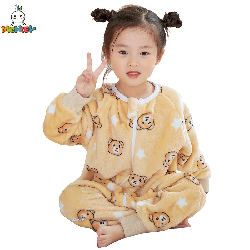 MICHLEY Cute Bear Flannel Baby Kids Sleeping Bag Sleepsack Winter Long Sleeve Wearable Blanket Warm Pajamas For Boys Girls 1-6T