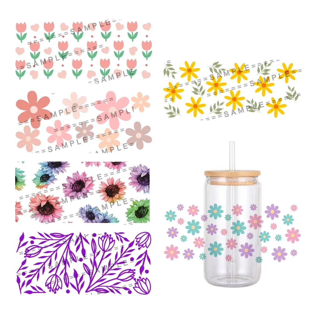 Colorful Small Flowers Pattern UV DTF Wraps Transfer Sticker DIY For 16oz Libbey Glass Cup Waterproof Wrap Transfers Decals Cup