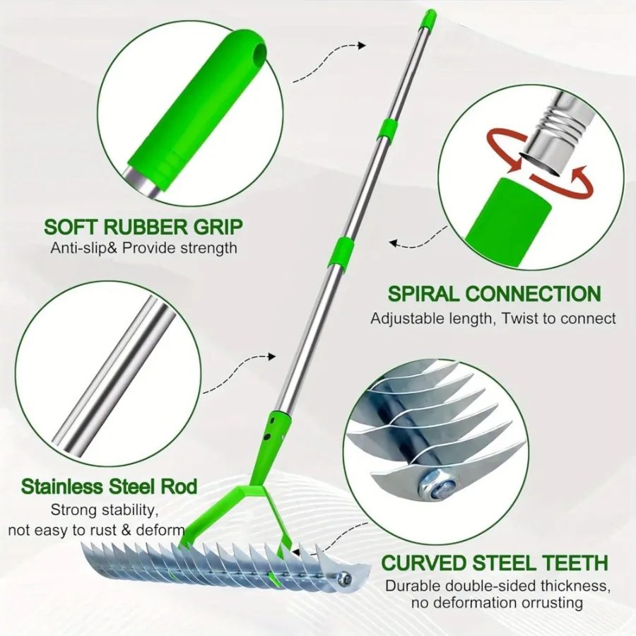 Rake Thatch Rake Dethatcher Lebar 12.8 Inci untuk Membersihkan Rumput Mati Rake Rumput Logam Baja Efisien dengan Baja Tahan Karat H