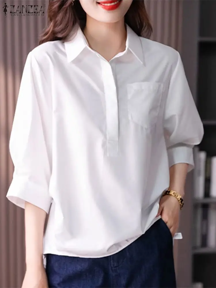 

2024 ZANZEA Elegant Women's Blouse Summer Fashion Lapel Neck 3/4 Sleeve Shirt Autumn Tops Casual Loose Work Blusas Chemise Mujer