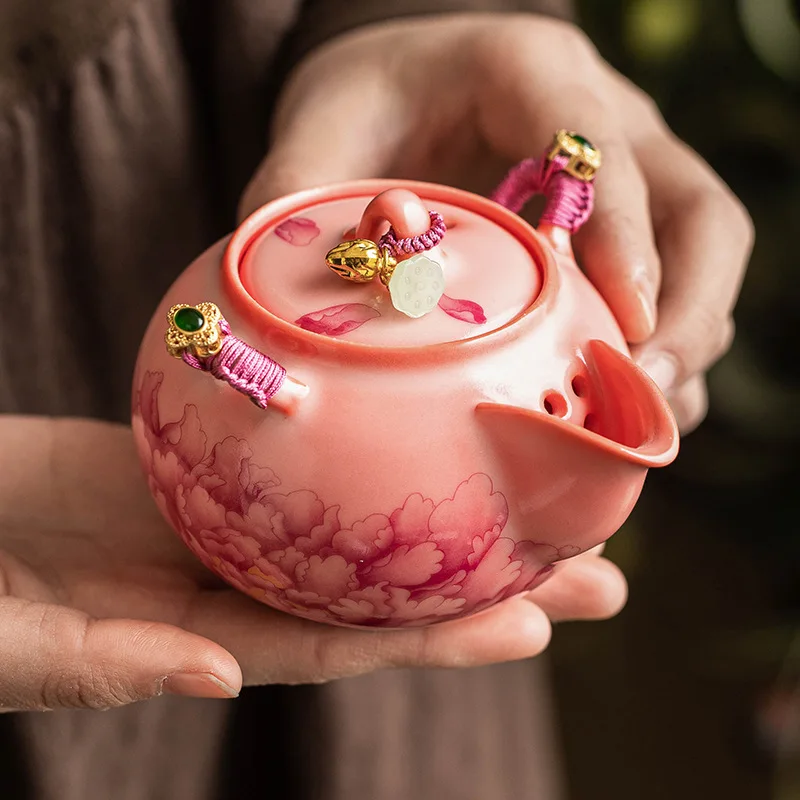 

Chinese High Grade Porcelain Teapots, Pink Peony Pattern Ceramic, Kung Fu Ceramic Household, Handmade, 175ml Single Pot New, 1Pc
