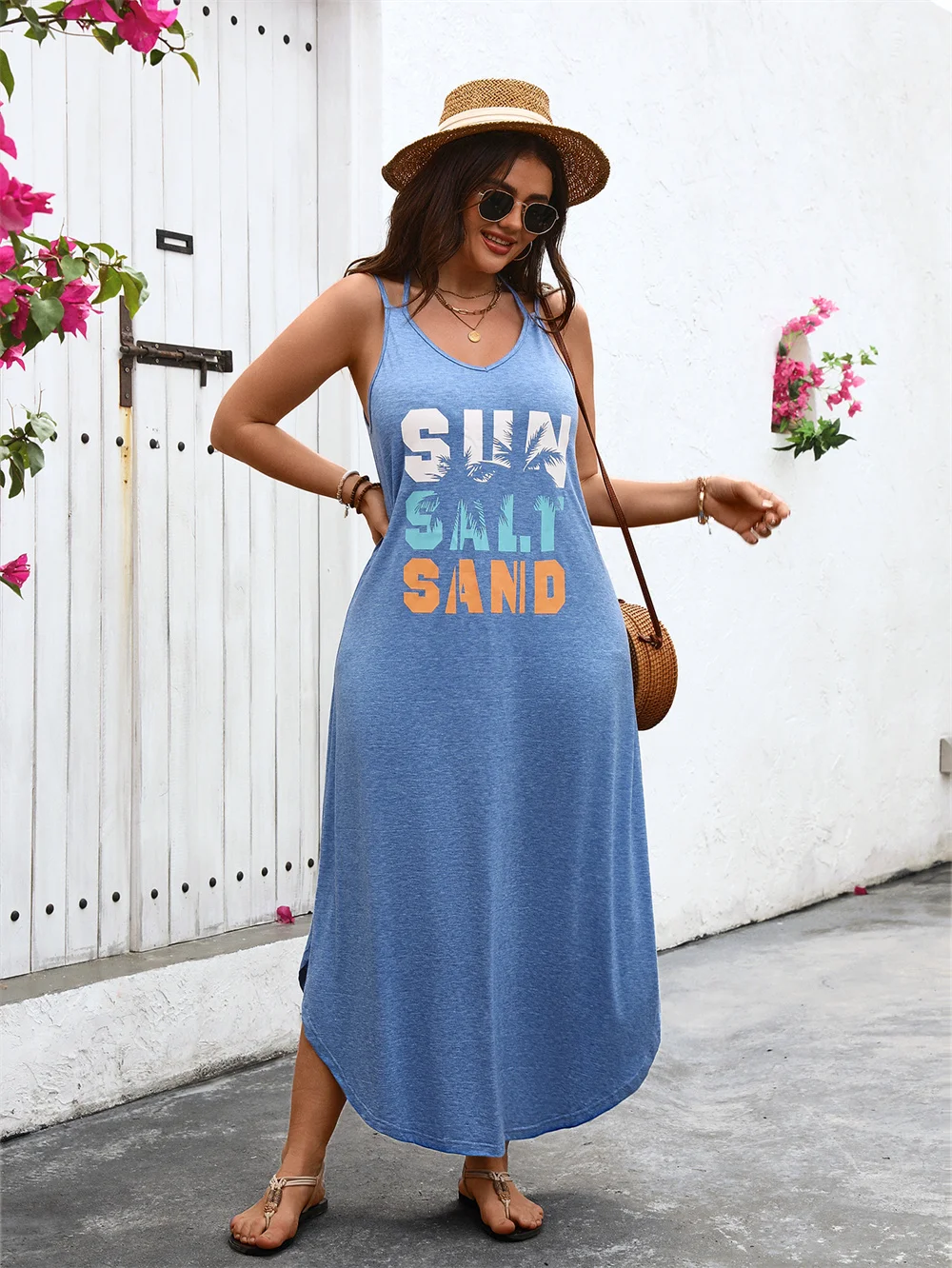 GIBSIE Plus Size Tie Halter V Neck Women Maxi Dress Beach Vacation Loose Sundress Female Casual Print Summer Long Dresses 2024