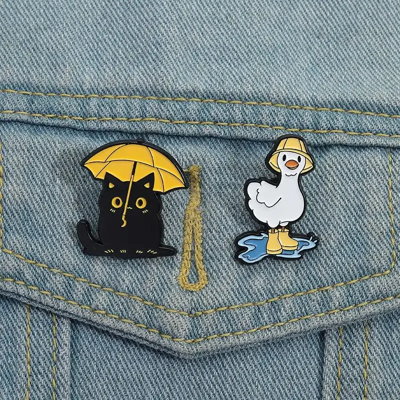 Funny Black Cat With Umbrella Enamel Pins Duck With Rain Boots Metal Brooches Lapel Badge Jewelry Gifts For Friends