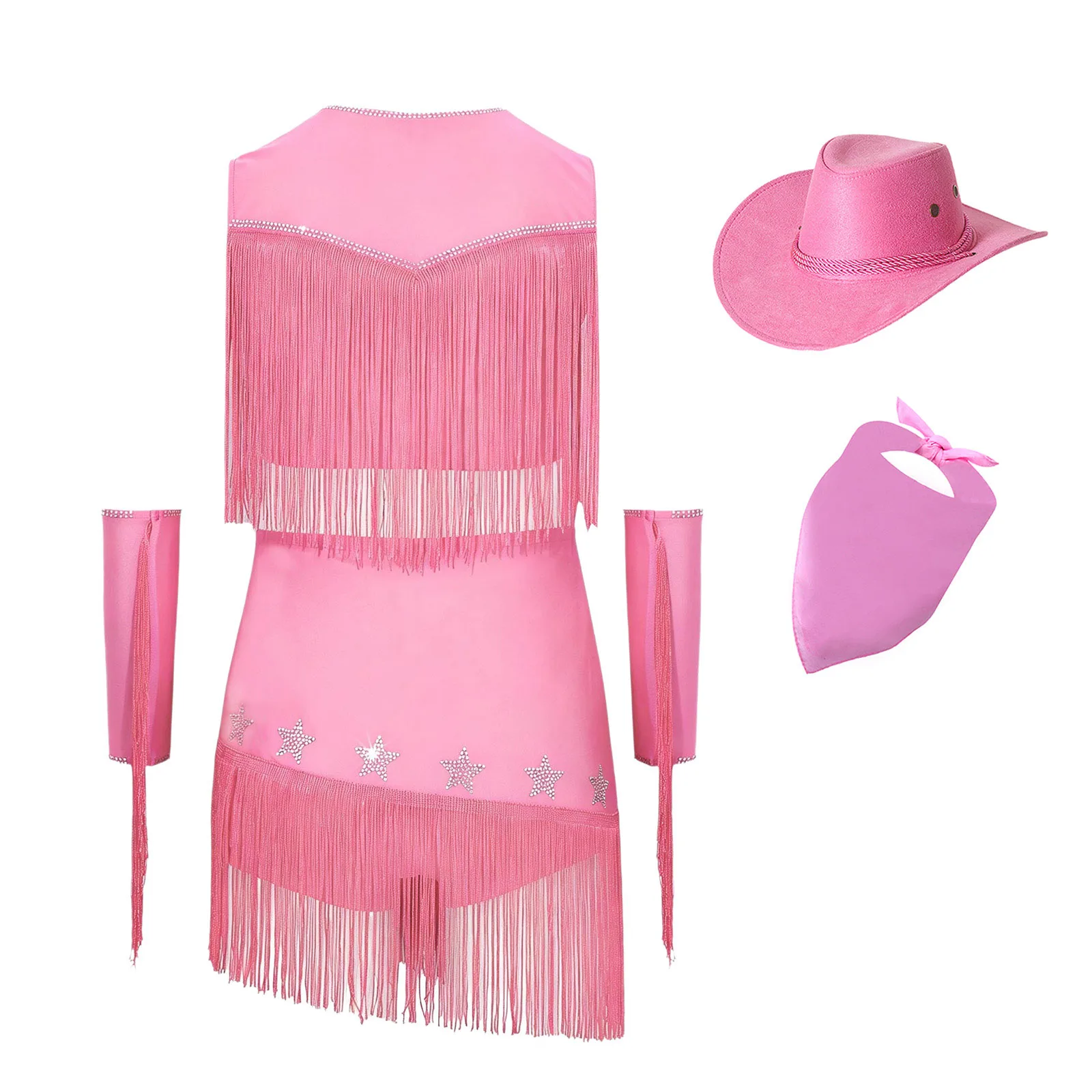 Kids Girls Halloween Western Cowboy Cowgirl Costume Latin Jazz Dance Outfit Tassel Crop Vest Tops with Skirt Gloves Hat Kerchief view 4