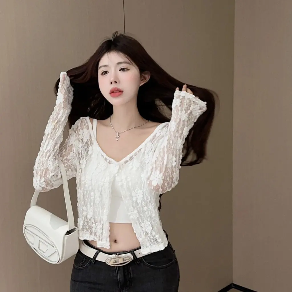

Pure Desire Lace Mesh Stitching Cardigan Jacket Women's Summer Thin Shawl Hollow Micro-Transparent Long-Sleeved Short Top