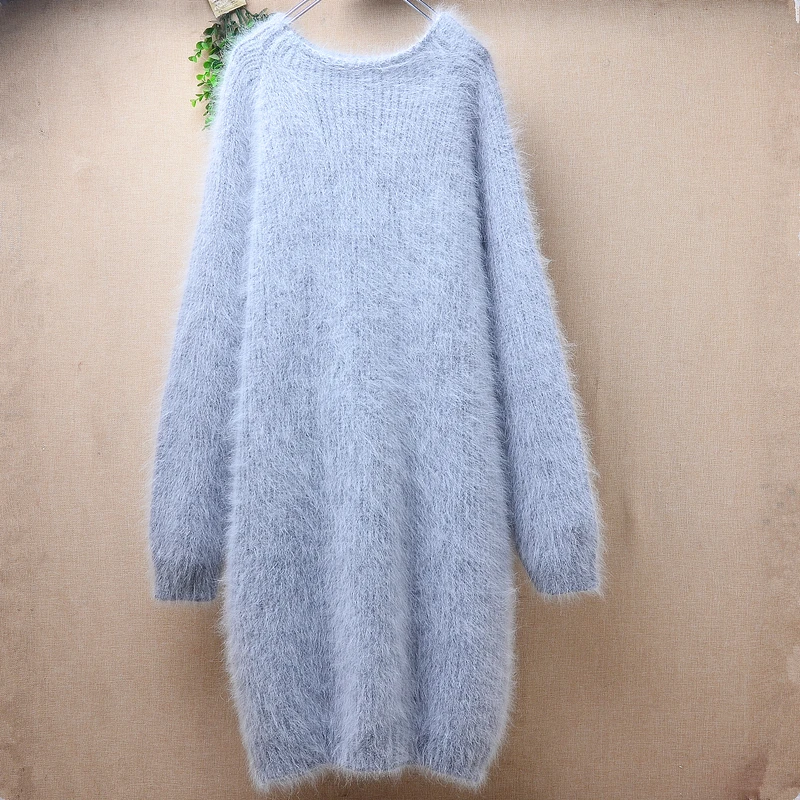 Heavy Thick Female Women Autumn Winter Clothing Hairy Angora Rabbit Hair Knitted O-Neck Long Sleeves Loose Long Sweater Dress