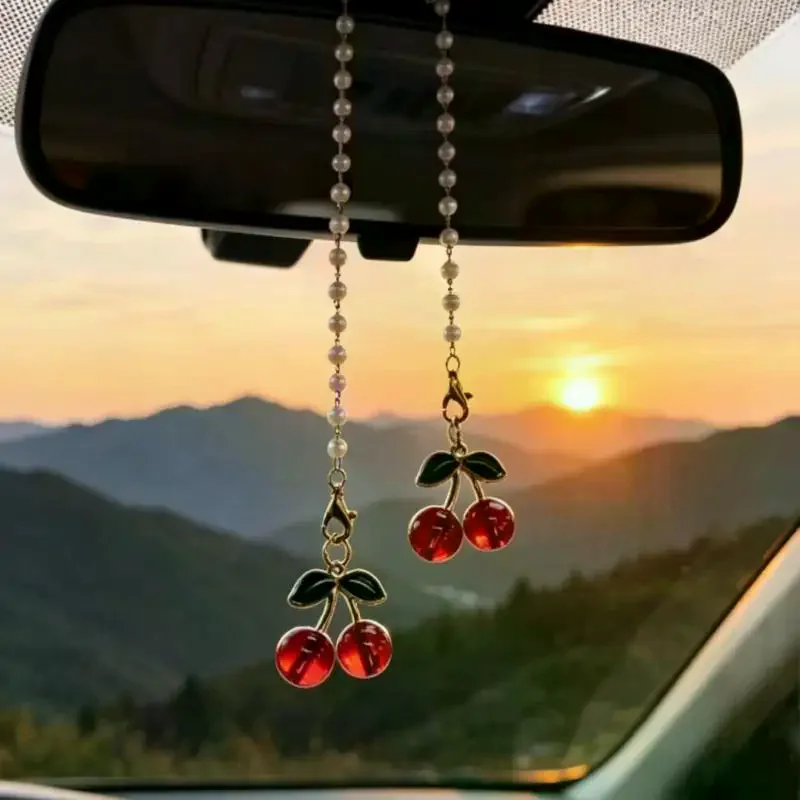 Pendentif mignon pour rétroviseur de voiture, cerise rose, 1 pièce, décoration intérieure esthétique pour voiture, ornement, cadeau doux pour filles