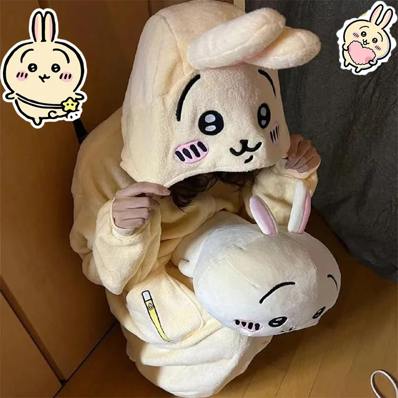 

Women's Anime Usag Hachiware Pajamas Autumn Winter Thick Coral Fleece Loose Casual Couple's One-Piece Nightgown Home Wear ﻿wn