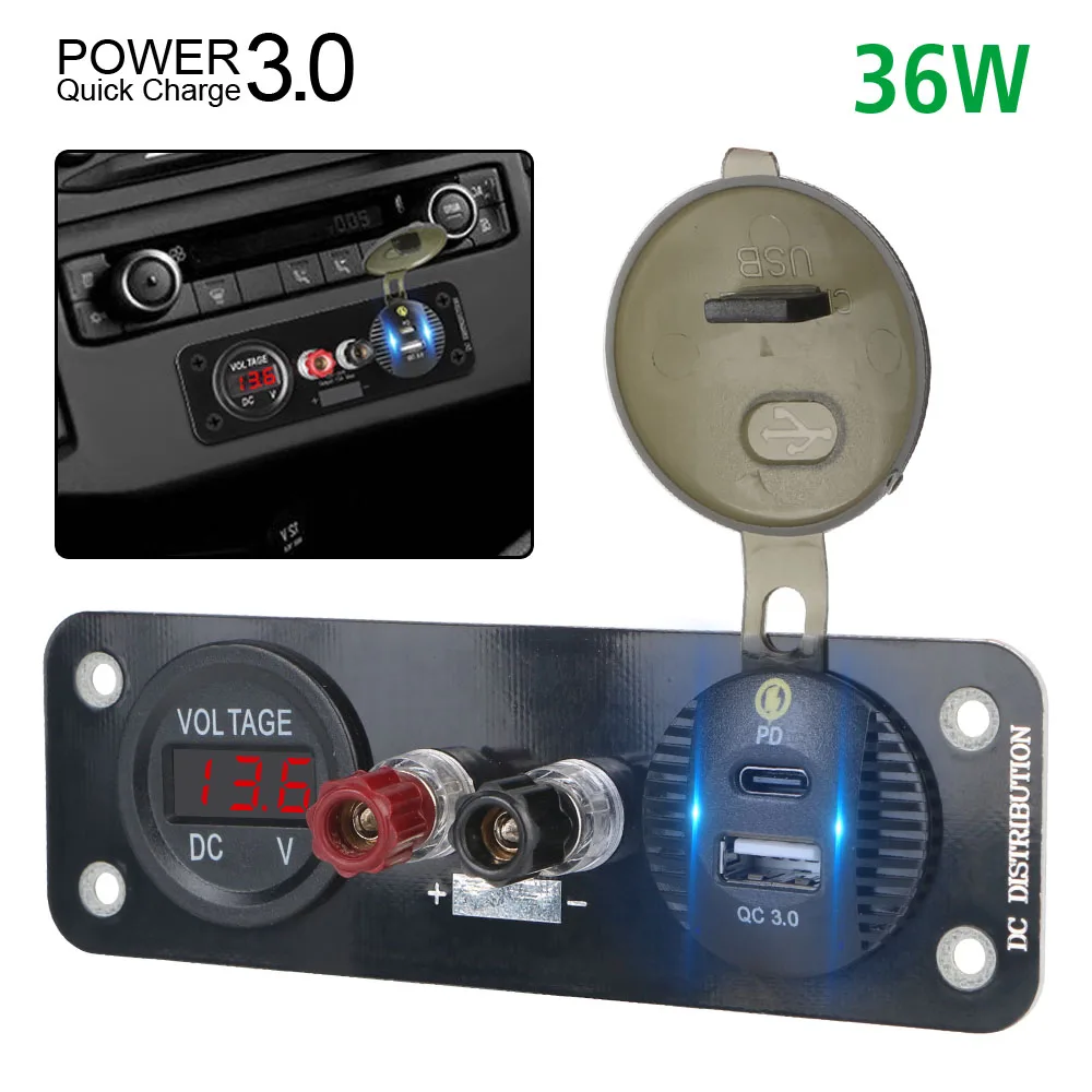 Power Adapter Outlet for Car Boat Marine Motorcycle Scooter 36W 12V QC 3.0 & PD Usb Car Charger Voltmeter Terminal Connector