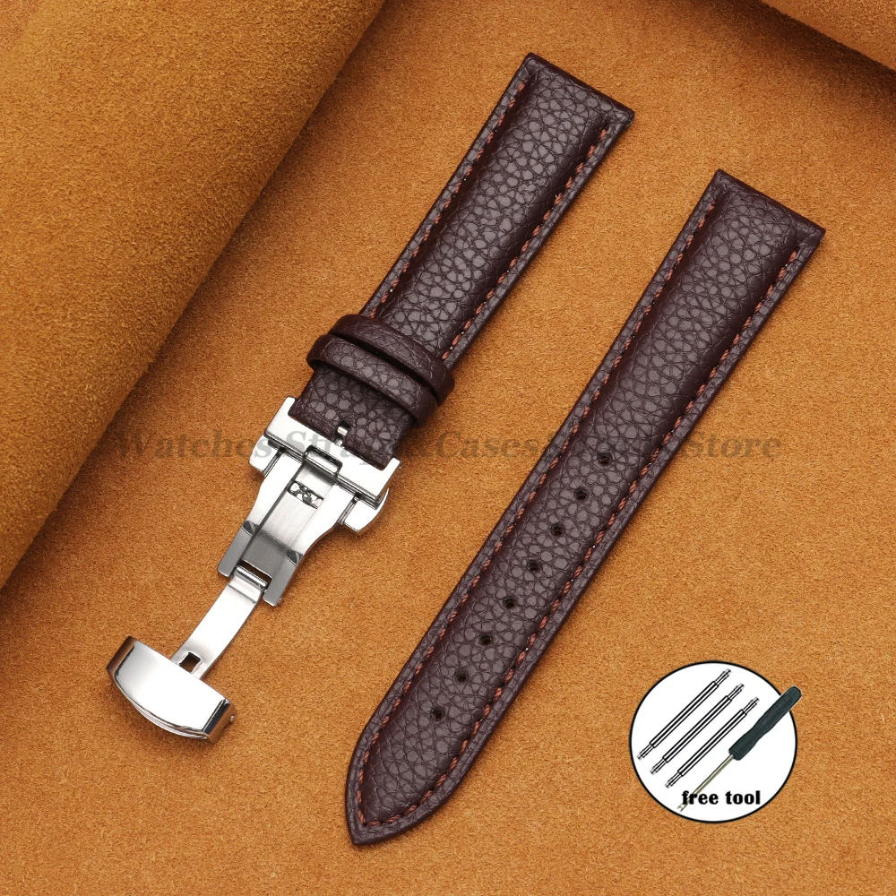 Echtes Kalbsleder-Litschi-Leder-Uhrenarmbänder 16/18/19/20/21/22/24 mm für Seiko für Omega Business Herren Damen Schmetterlingsschnallenarmband