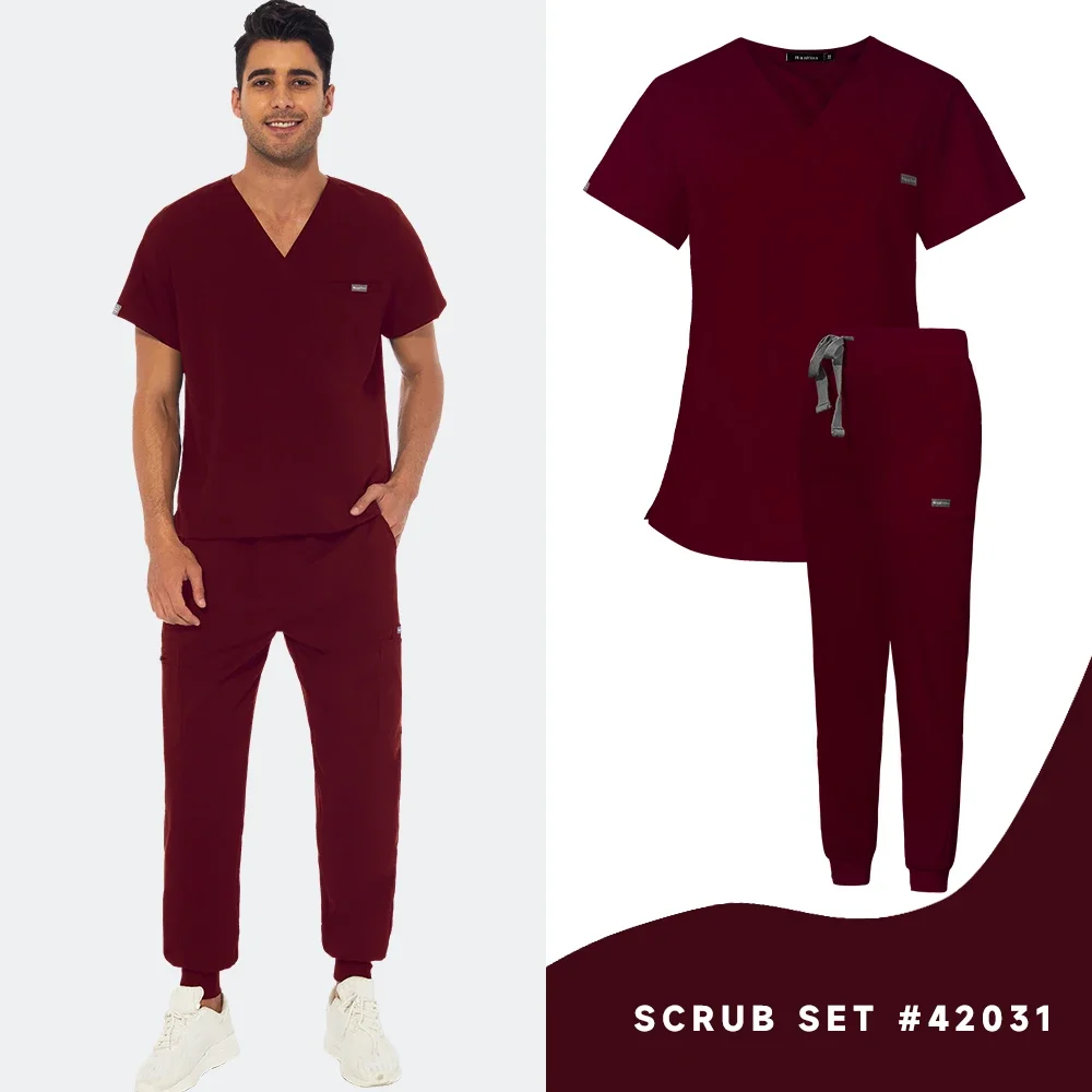 Men Pocket Nursing Uniform Nurse Short Sleeve V-neck Tops Doctor Working Clothes Medical Scrub Pants Uniforms Blouse Sets