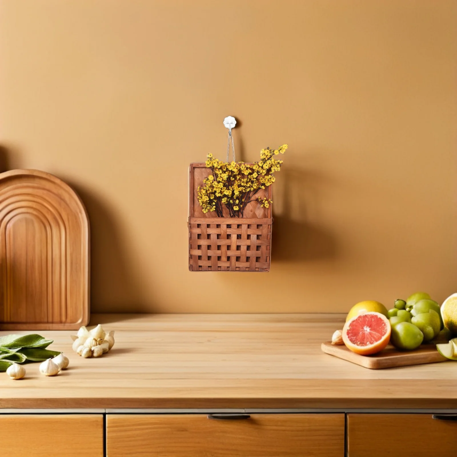 

14.15X10.61'' Indoor Wooden Hanging Basket Handwoven Wall Storage Organizer For Fruits Vegetables Living Room Kitchen Woven