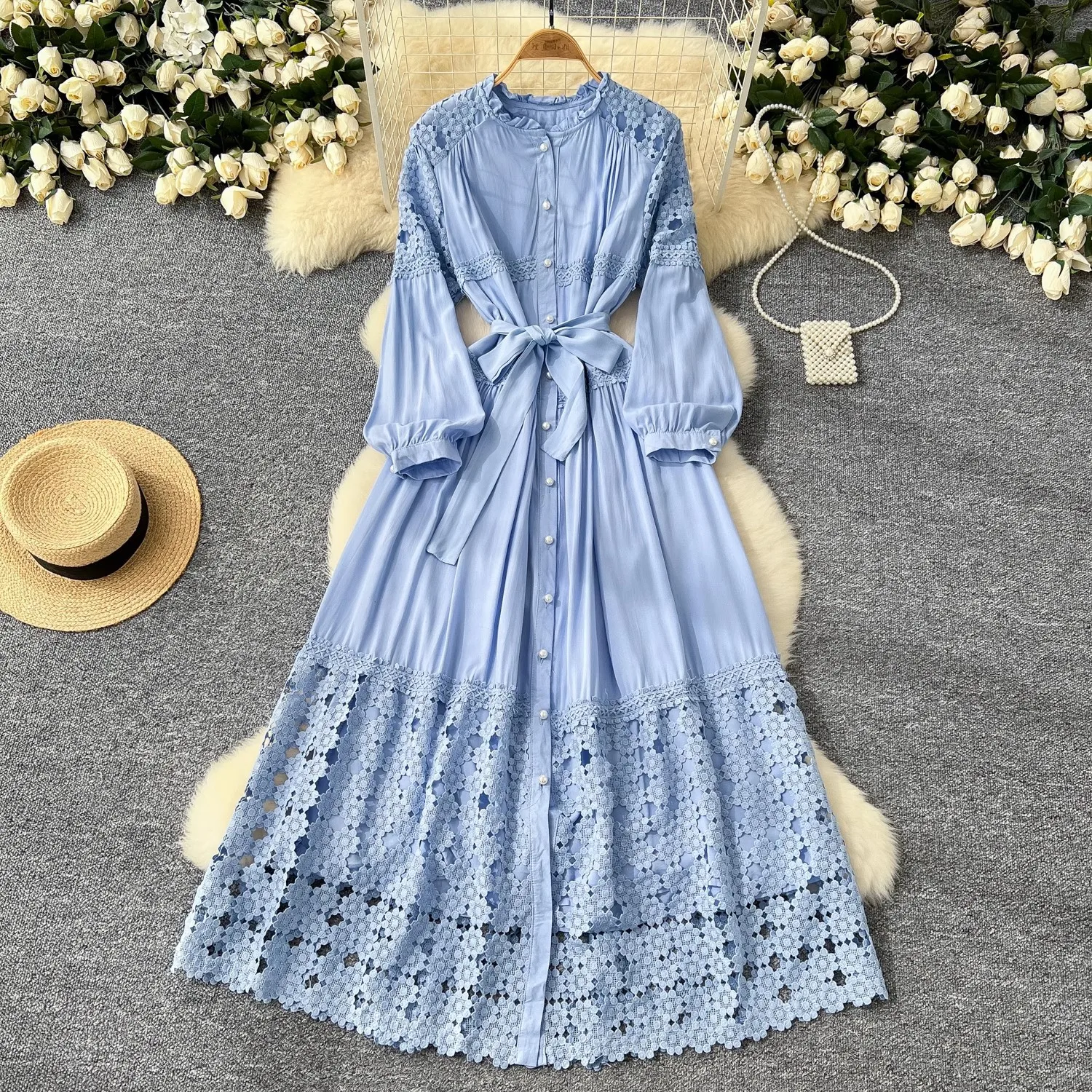 Boho Retro Hollow Hook Flower Ricamo Abito in pizzo Splicing Papillon Vita Abiti lunghi monopetto Abito lungo da spiaggia per le vacanze