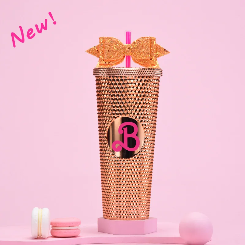 Różowe kubki B nowe dwuwarstwowe plastikowy kubek ze słomką 710ml kreatywne przenośne diamentowy kubek o dużej pojemności