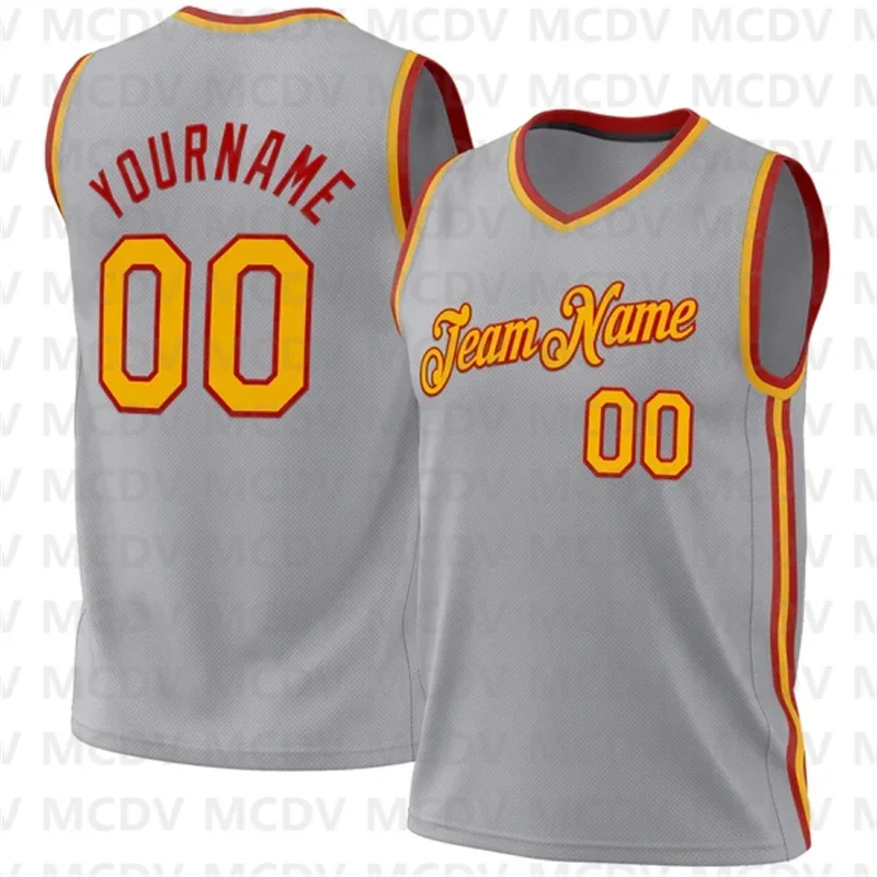 Custom Gray Gold-Red Authentic Throwback Basketball Jersey 3D Print Team Name Number Sport Clothes Adult Youth