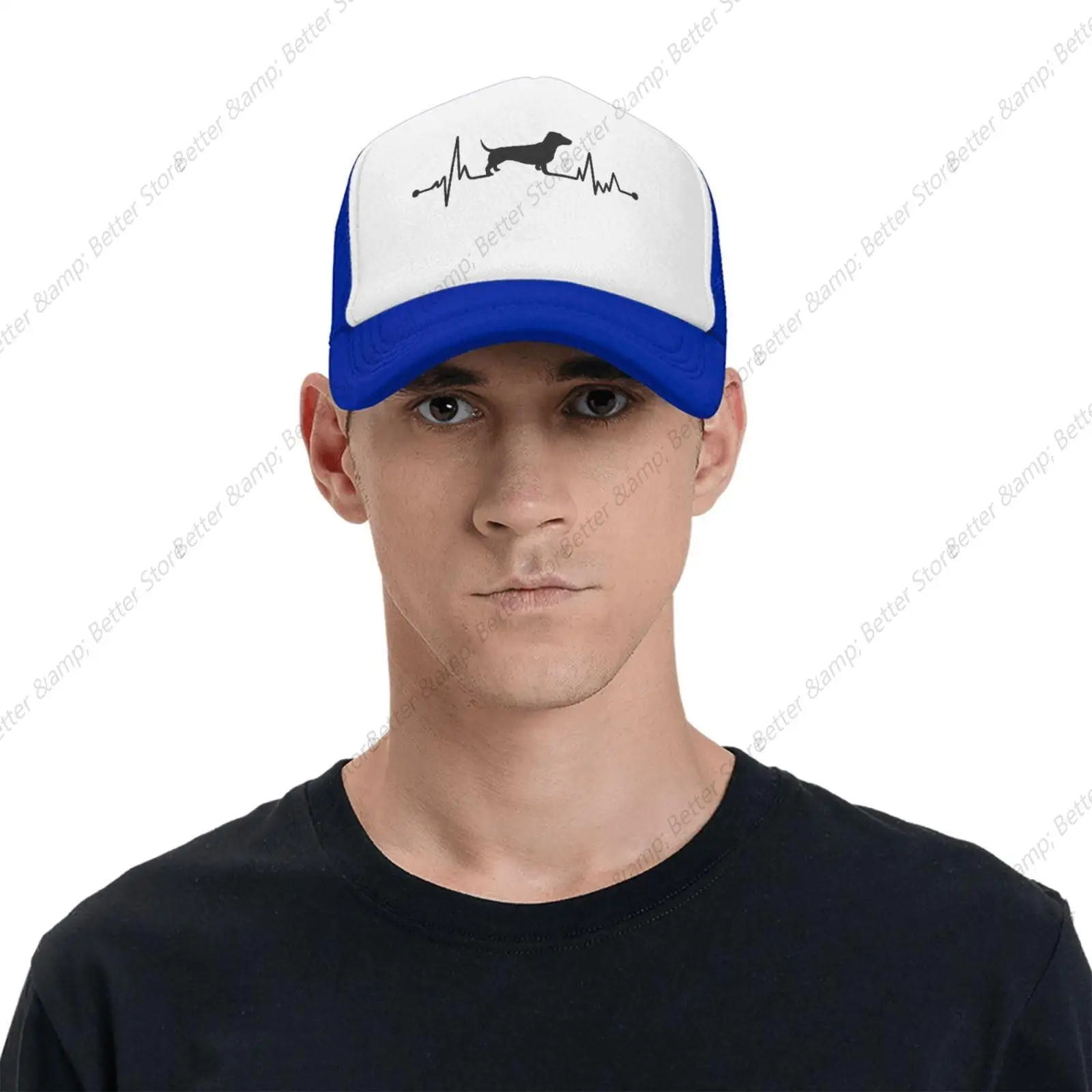 Dachshund Heartbeat Mesh Baseball Cap, Love Weiner Dog Adjustable Trucker Hat Snapback Sports Hat for Men Women Blue