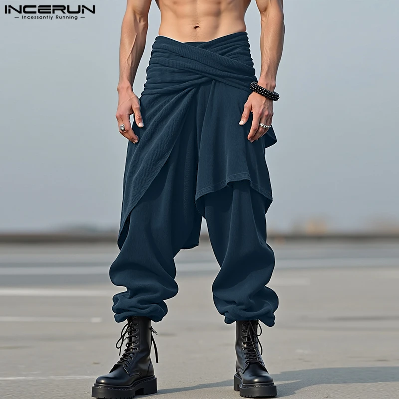 

INCERUN мужские брюки нестандартной формы, однотонные брюки для бега с эластичной резинкой на талии, мужские свободные уличные брюки, 2025 г., модные плиссированные повседневные брюки
