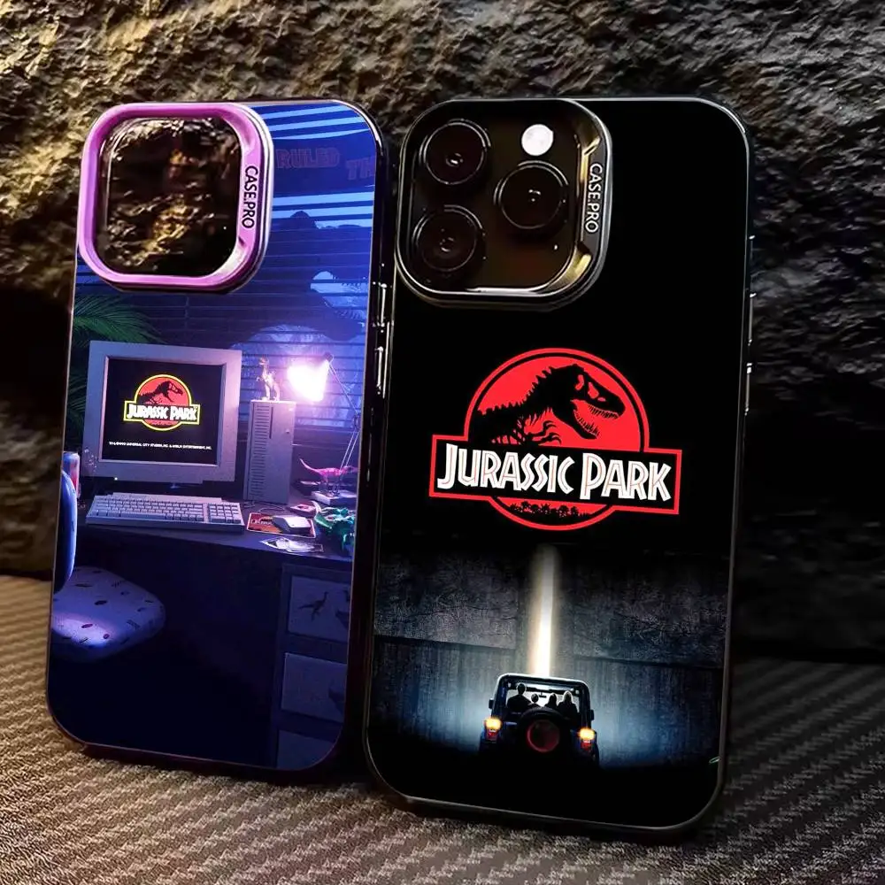 

J-Jurassic Park Dinosaur World Colorful Silver Back Phone Case For IPhone 17 16 15 14 13 12 11 Plus Pro Max Plus