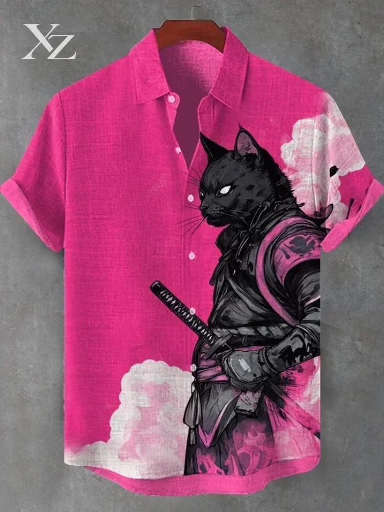Men's Black Cat Warrior Art Print Short Sleeve Pink Shirt Sexy Japanese Martial Arts Single Breast Tops 2025 New Ins