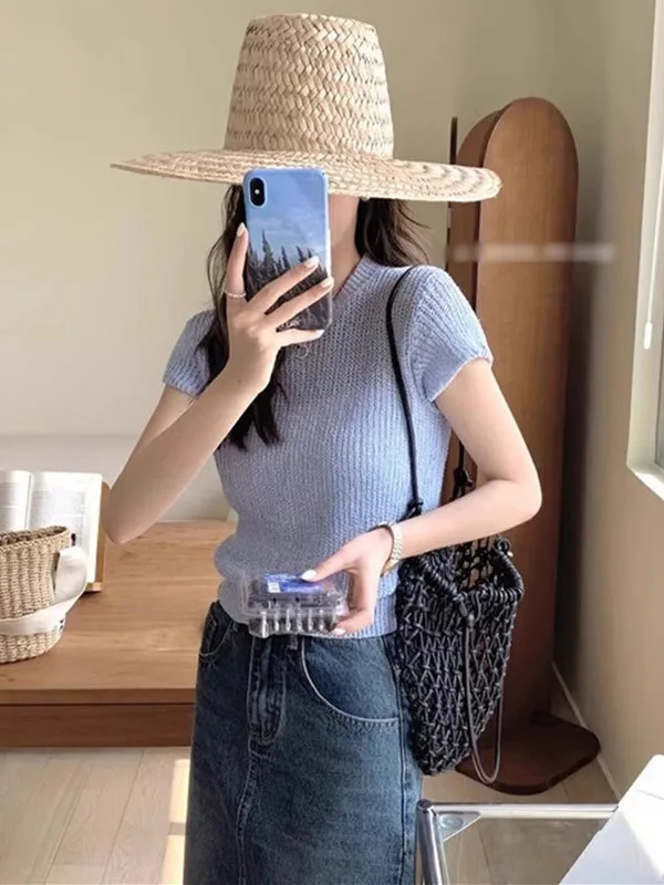 T-shirt ort Sve lavorata a maglia in seta ghiacciata T-shirt estiva da donna casual slim fit ature High-End Feeling Top asimmetrico linea Seng...