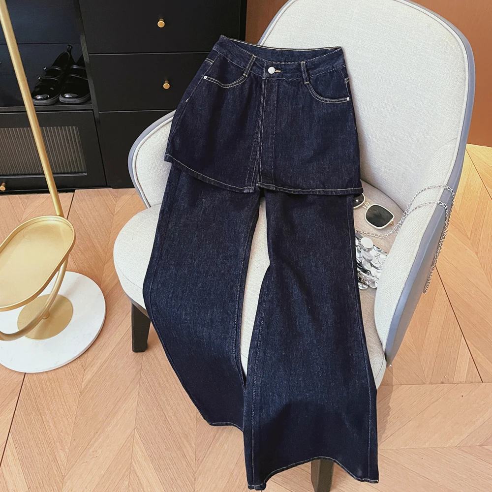 

Blue Fake Two Piece Denim Pant for Women Autumn New High Waist Slimming Wide Leg Straight Leg Versatile Floor Length Pants