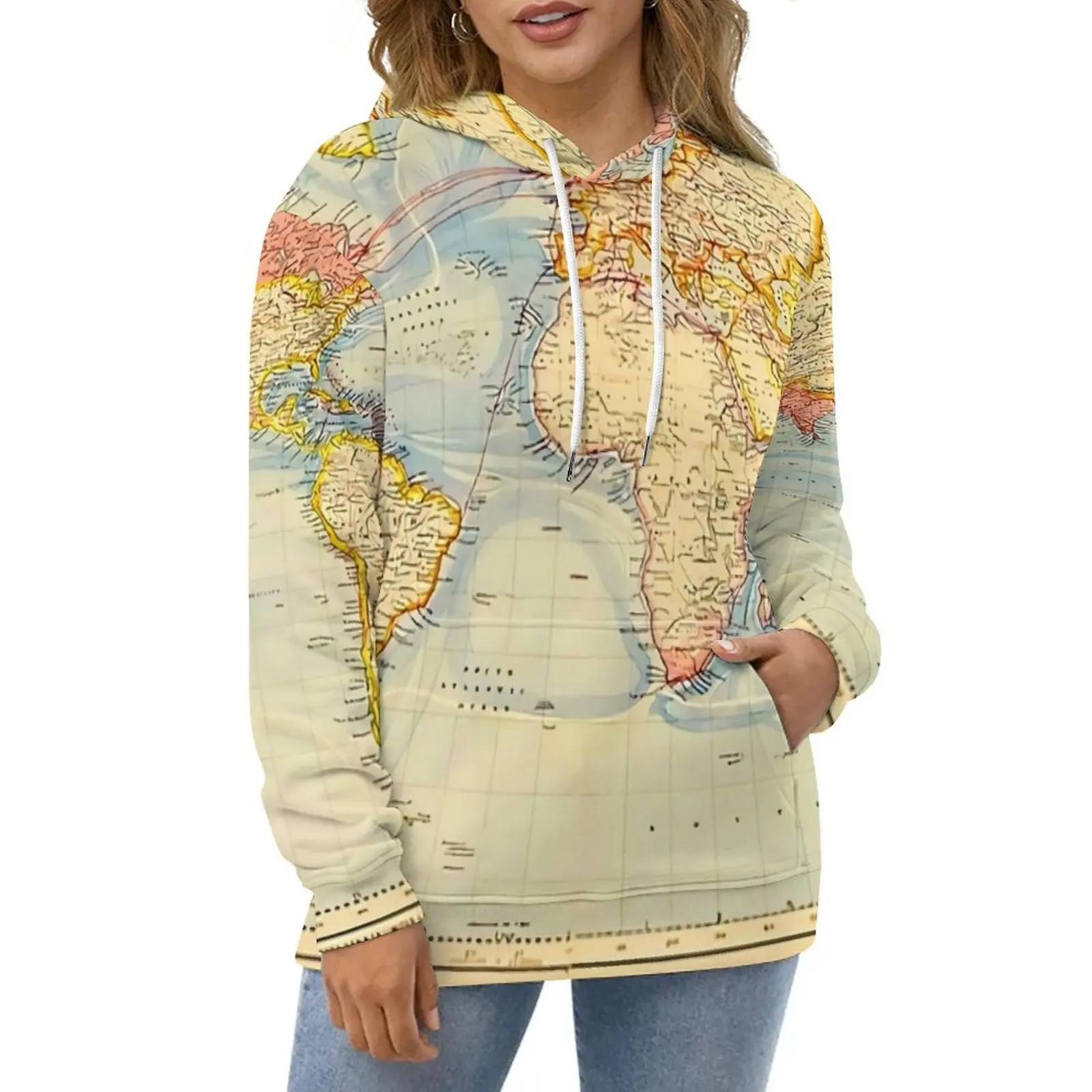 

World Map Hoodies Vintage Map Of The World 1883 Street Fashion Oversized Hoodie Women Long Sleeve Cool Casual Hooded Sweatshirts