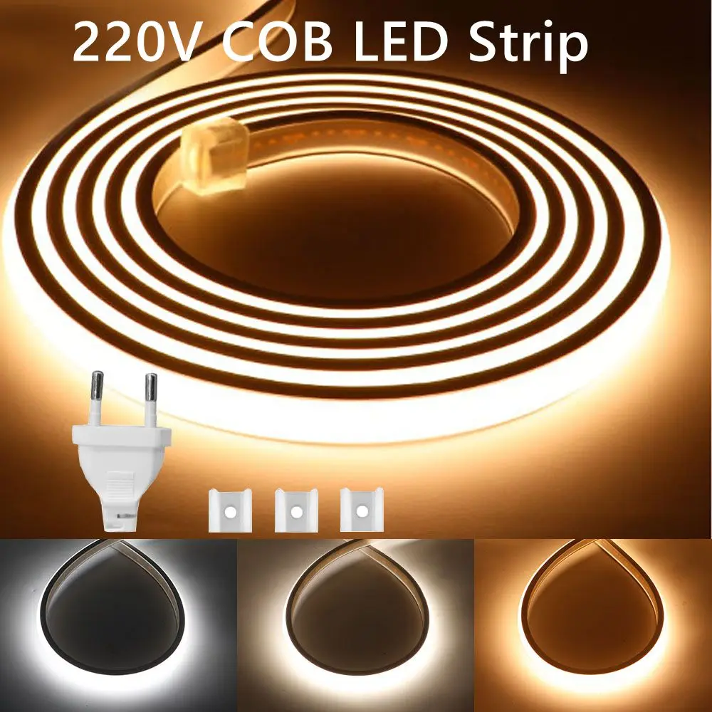 

1-50m AC220V COB LED Strip Light 288LEDs/M High Bright Soft Flexible Tape with EU Power Plug For Outdoor Garden Kitchen Lighting