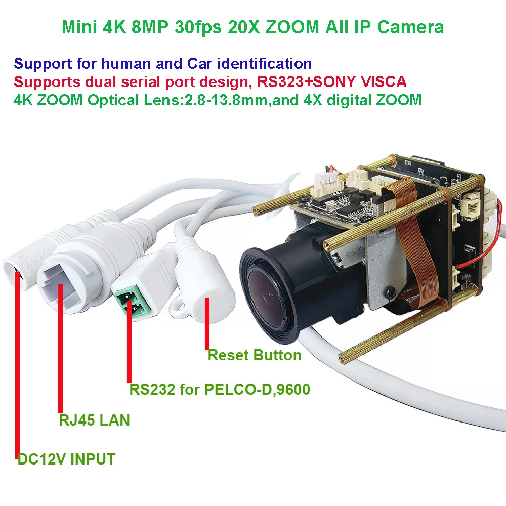 20X 줌 4K 8MP IP 30fps 소니 Visca RS232 Pelco-d IMX415 IP 카메라, Hikvision 프로토콜 RTMP IVM4200 P2P ONVIF SD 512GB IP 카메라