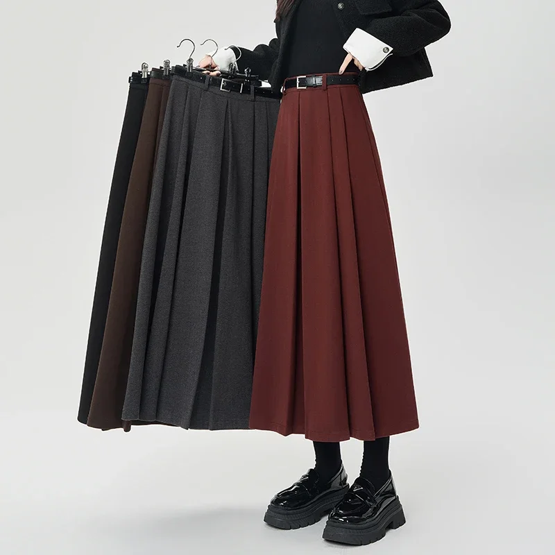 Woolen Pleated A-line Skirts Female 2024 Autumn Winter High Waist Slim Drape Skirts Casual All Match with Belt Mid-Length Skirts