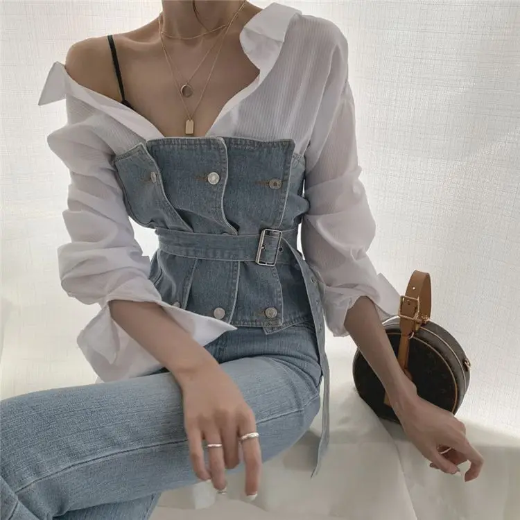 

Shirt Chic Sexy Solid Color + Sleeveless Belt Tube Denim Vest Blouse Women 2024 Spring Summer New Ladies Casual Top