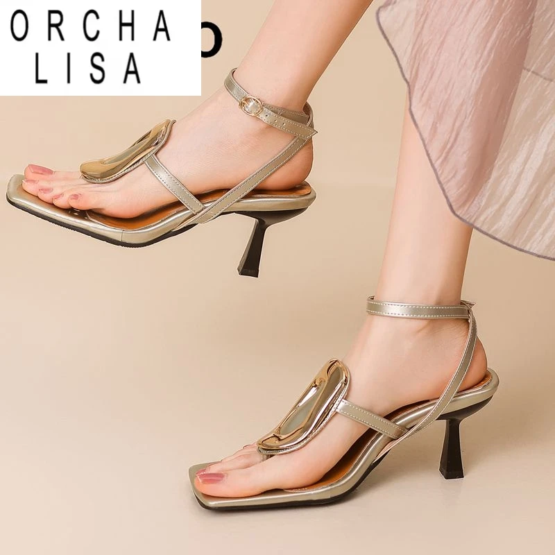 

ORCHA LISA Новый дизайн Женские сандалии с квадратным носком на тонком каблуке 6 см с пряжкой и ремешком Большой размер 45 46 47 48 Обувь для свиданий с металлическими украшениями