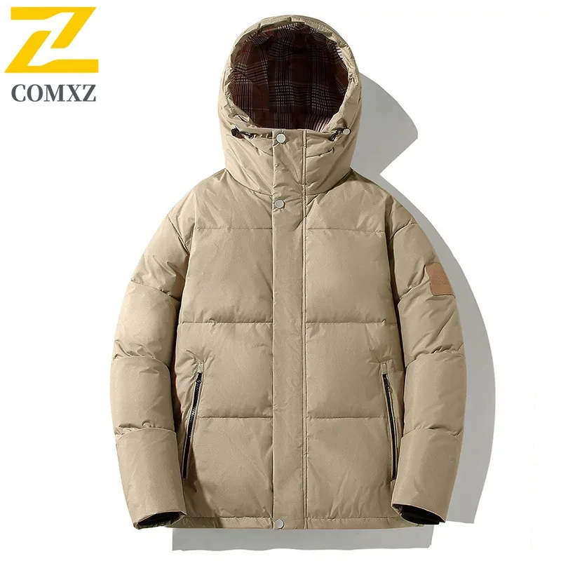 

COMXZ Men Casual Down Jacket New Classic Hooded Outdoor Camping Windproof Parka Zipper Pocket Design Lightweight Winter Coat