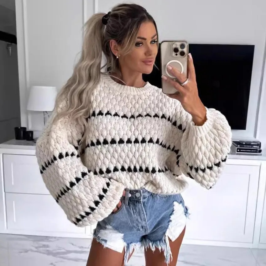 

Sweater Pullover Women Autumn Winter 2025 New Striped Jacquard Round Collar Splicing Sweater Female Loose Tops Streetwear