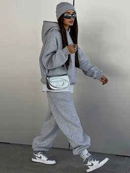 特大の女性用パーカーとスウェットパンツのセット,トラックスーツ,暖かいスウェットシャツ,プルオーバー,パンツ,秋冬,2個