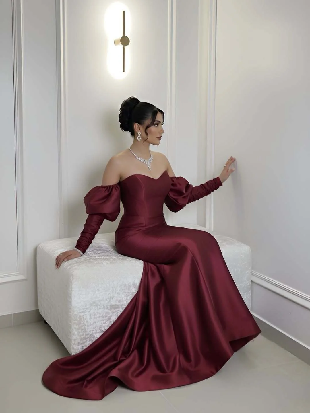 

Aunber Customized Elegant Sweetheart Mermaid Celebrity Evening Party Dresses Off-the-shoulder Pleated Sleeves Prom Gowns